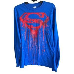 SUPERMAN blue red paint drop thrashed grunge super hero tee sz S